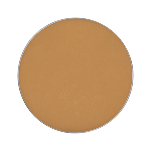 A round compact with beige powder, a mirror on top, and a small brush inside. Used for makeup.