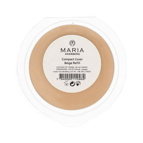 Beige Nachfüllung in transparentem Plastikbehälter mit weißem Etikett mit Marke, Produkttyp und Barcode.