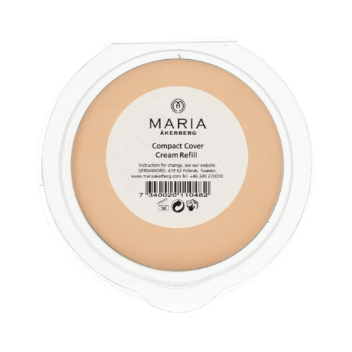 Ein runder Behälter mit weißem Etikett für Maria Åkerberg Creme Nachfüllung, zeigt Produktinformationen und Barcode.