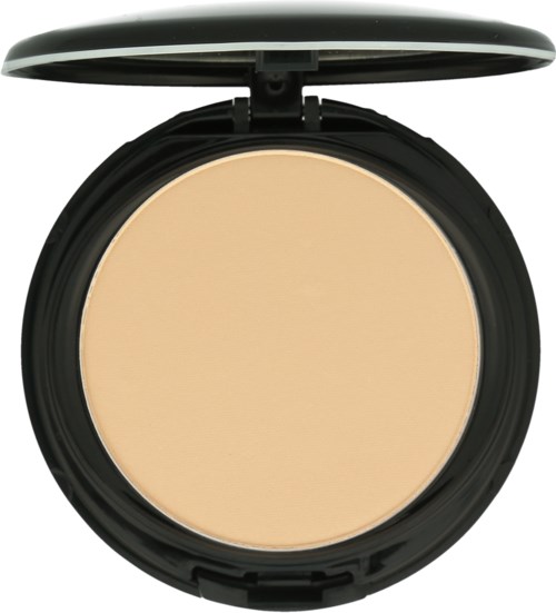 A compact beige makeup powder in a black round case with a lid. The lid is open.