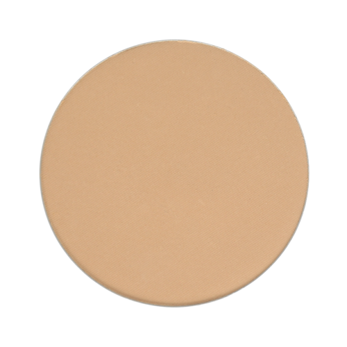 En rund makeup-svamp med lys beige farge. Den har en glatt overflate og brukes til påføring av kosmetikk.