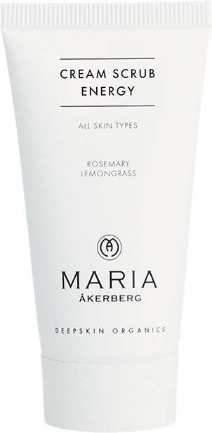 A white tube labeled 'Cream Scrub Energy' with rosemary and lemongrass, suitable for all skin types, by Maria Åkerberg.