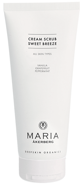 Een witte tube met 'Cream Scrub Sweet Breeze' tekst en geur van vanille, grapefruit en pepermunt. Geschikt voor alle huidtypen.