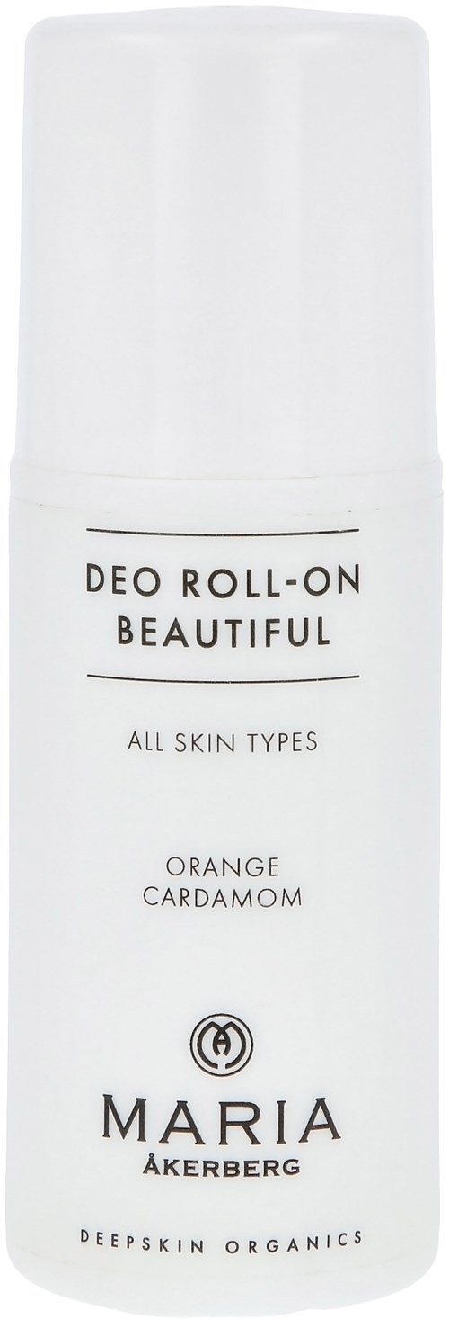 A white roll-on deodorant bottle labeled for all skin types, with orange cardamom scent, from Maria Åkerberg.