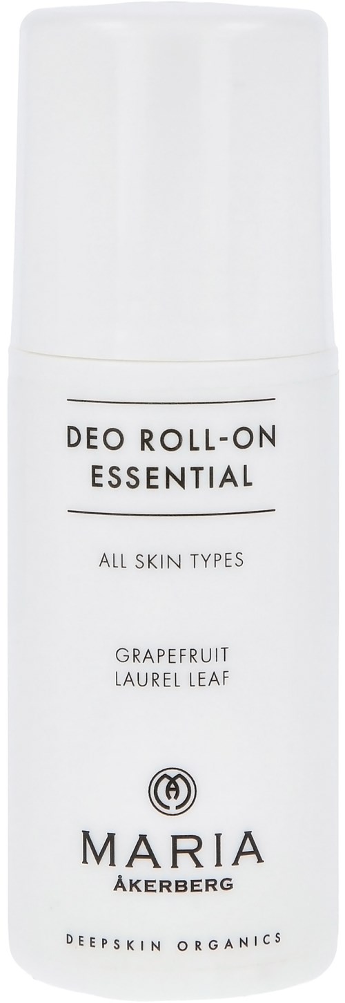 Een witte deodorant roll-on fles met label 'Deo Roll-On Essential' met grapefruit en laurierblad geur voor alle huidtypen.