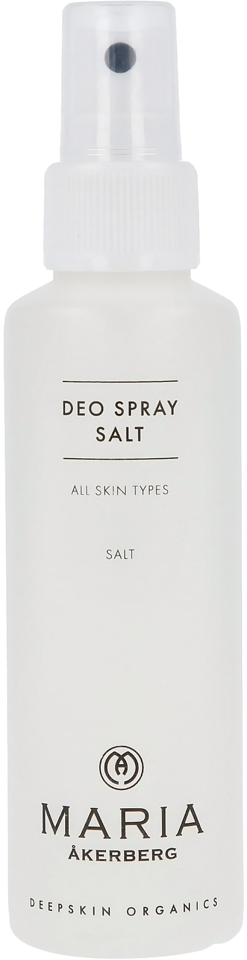 A white spray bottle labeled 'Deo Spray Salt' for all skin types, with a simple design and black text.
