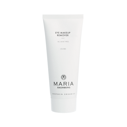 Een witte tube met 'Eye Makeup Remover' van Maria Åkerberg, geschikt voor alle huidtypes.