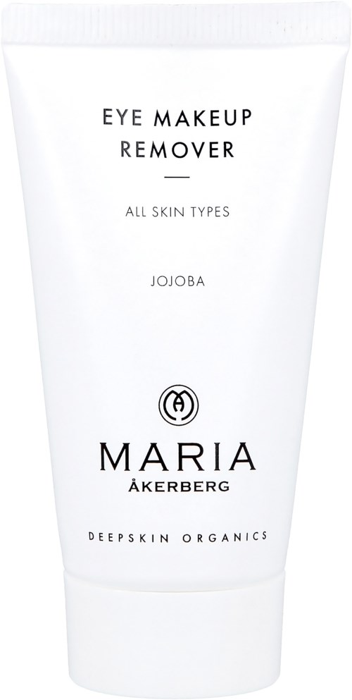 A white tube of eye makeup remover with black text, mentioning jojoba, for all skin types.
