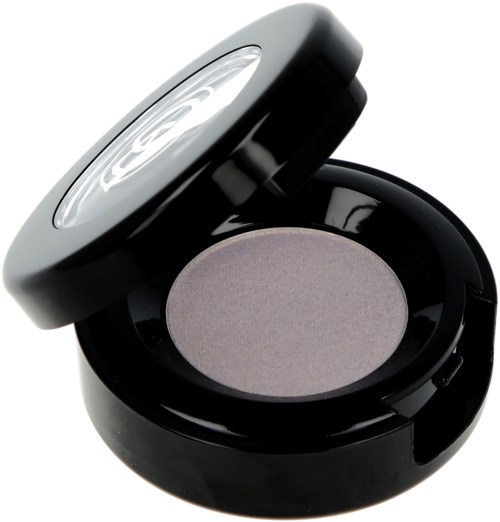 A round black compact with gray eyeshadow inside and a mirror on the lid.