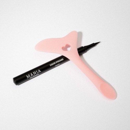 A pink silicone eyelash curler with a black liquid eyeliner pen labeled 'Maria'.