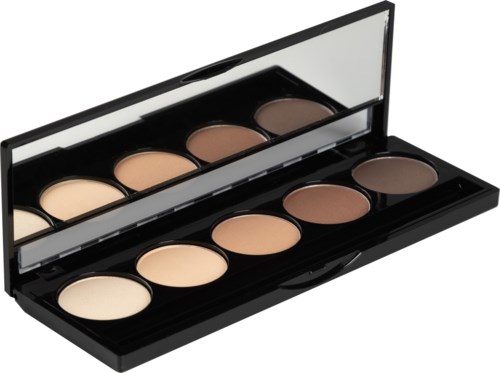 Eine Make-up-Palette mit acht Puderfarben, von hell bis dunkel, mit Spiegel oben.