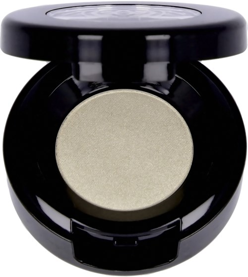 A round black makeup container with a beige eyeshadow inside and a transparent lid on top.
