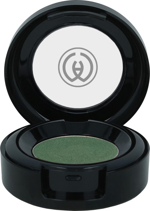 A black compact with a green eyeshadow inside and an open lid showing a logo in the mirror.
