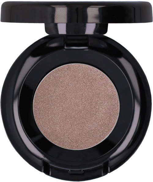 A round makeup product in a black case, with a shimmer, beige or light brown color.