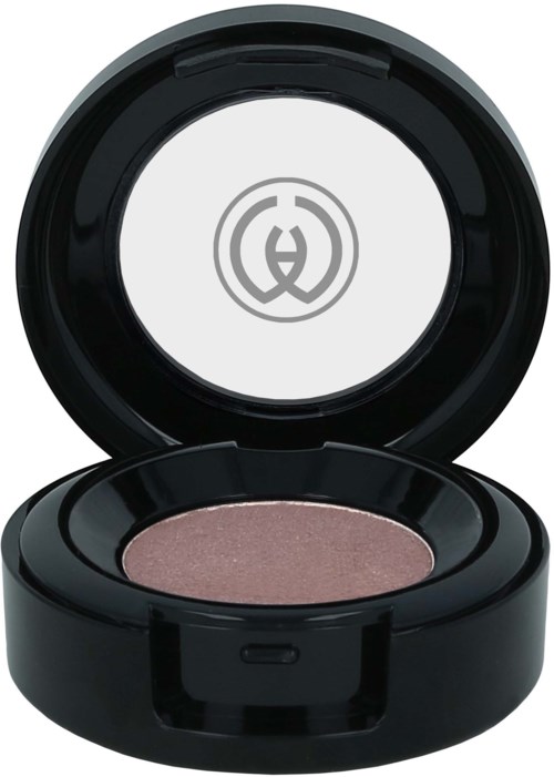 A round black container with a mirror inside, open to show a pinkish eyeshadow.