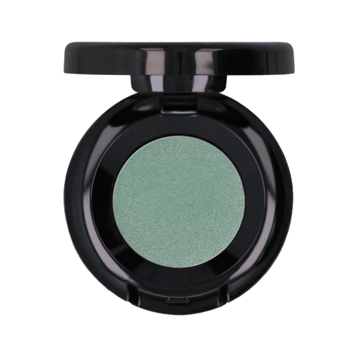 Een kleine, ronde container met een lichtgroene cosmetische inhoud en een klepdeksel.