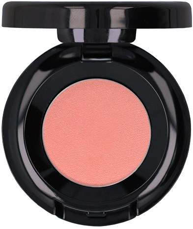 A round makeup blush in a black compact with a lid, peach pink color inside.