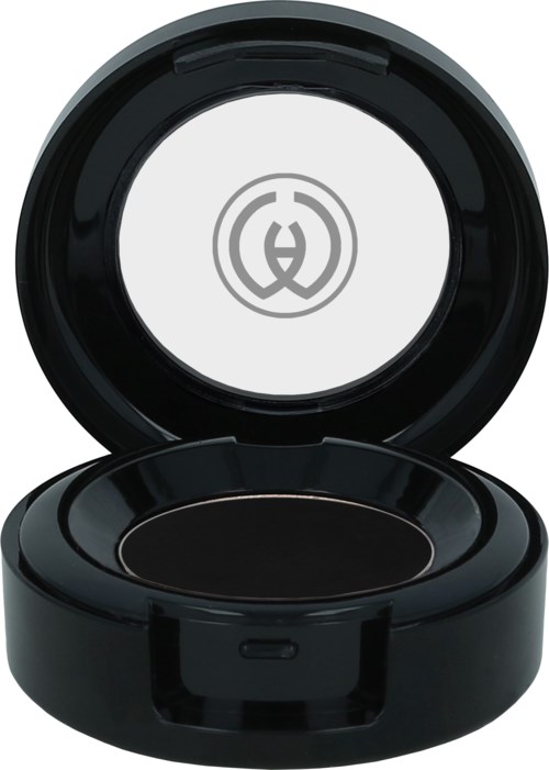 A black compact makeup mirror with a hinge, open to show a blank reflective surface inside.