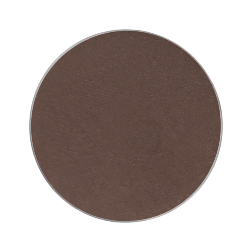 A round, brown makeup shadow or eyeshadow in a compact container.