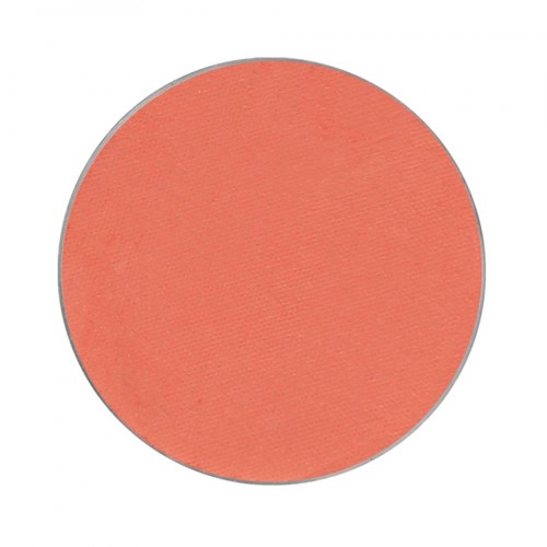 A round, orange-colored makeup blush or eyeshadow. It has a smooth surface and a silver outer edge.
