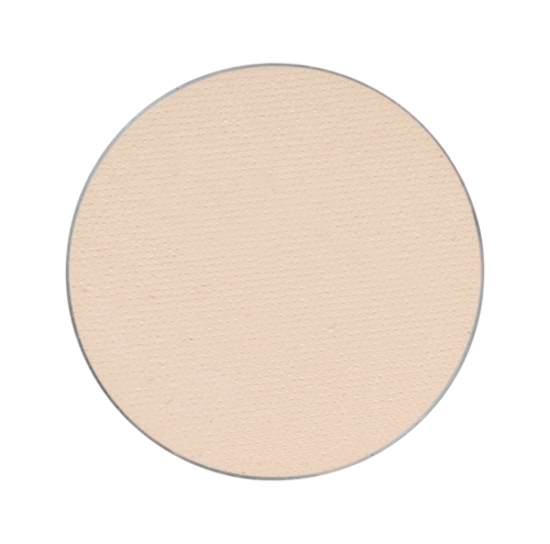 A round, peach-colored, textured makeup sponge or pad.