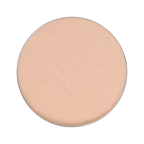 A round, light peach-colored makeup compact with a textured surface.