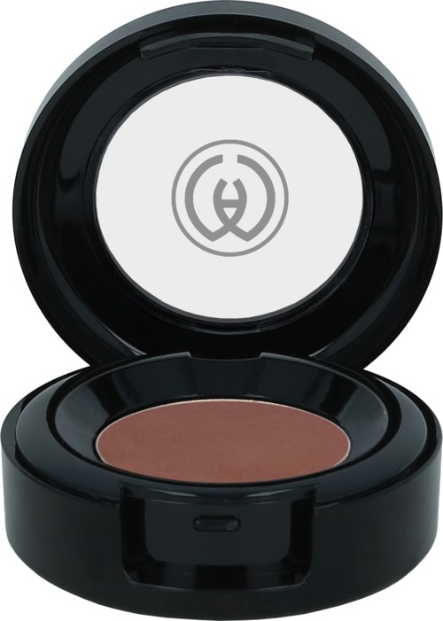 A round makeup compact with brown powder inside and a mirror. The compact is black with a simple design.