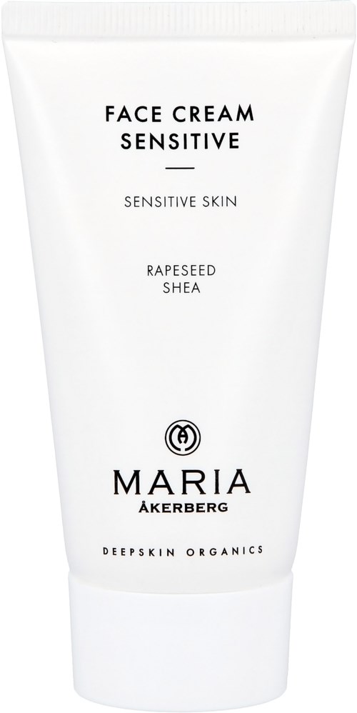 White tube of face cream for sensitive skin with ingredients like rapeseed and shea. Brand is Maria Åkerberg.