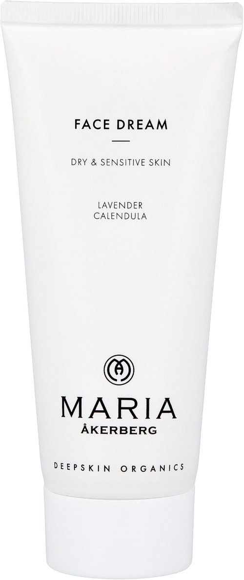 A white tube of skincare cream labeled for dry, sensitive skin with lavender and calendula ingredients by Maria Åkerberg.