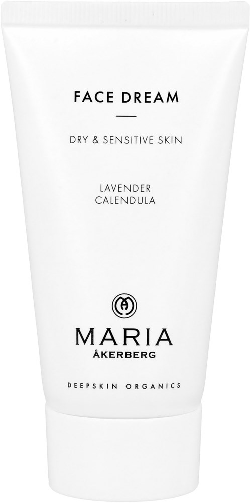 A white tube with black text, labeled as Face Dream for dry, sensitive skin with lavender and calendula.
