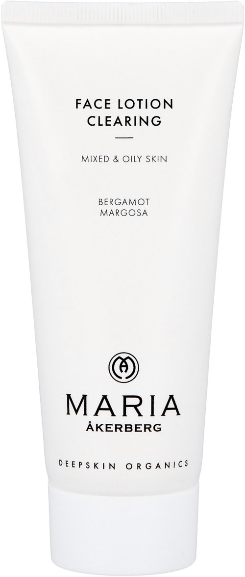 Witte tube met zwarte tekst, gelabeld 'Face Lotion Clearing' voor vette huid, met bergamot en mirre.