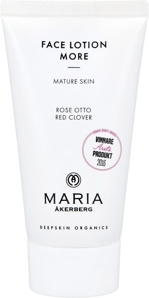 Een witte tube gezichtslotion met label 'More', merk Maria Åkerberg, biologische huidverzorging, en een stempel voor de prijs gewonnen in 2016.