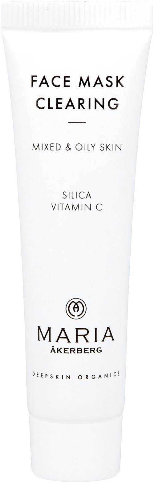 A white tube of face mask with black text promoting clearing for oily, mixed skin. It contains silica and vitamin C.
