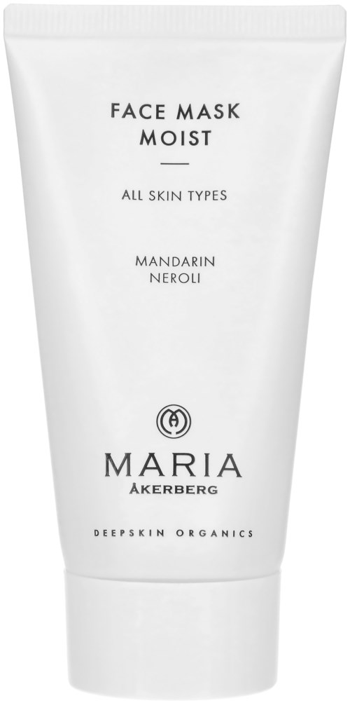 Witte gezichtsmaskerl tube met zwarte tekst, noemt vocht, alle huidtypes en ingrediënten zoals mandarijn en neroli.