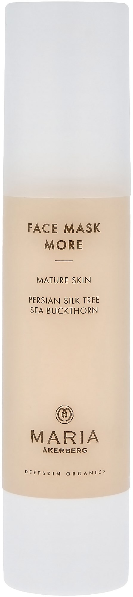 Een witte fles met beige label, leest: Face Mask More, Volwassenhuid, Perzische Zijdenbomen, Zeeweegbree, Maria Åkerberg, Organic.