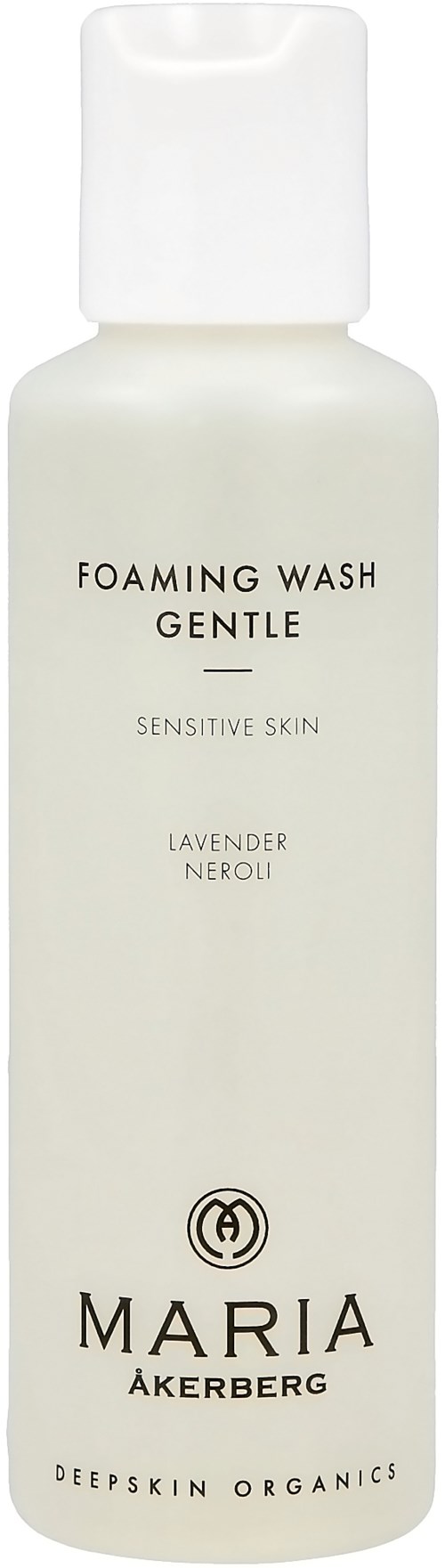 Witte fles met schuimende gezichtsreiniger voor gevoelige huid, lavendel en neroli geur, door Maria Åkerberg.