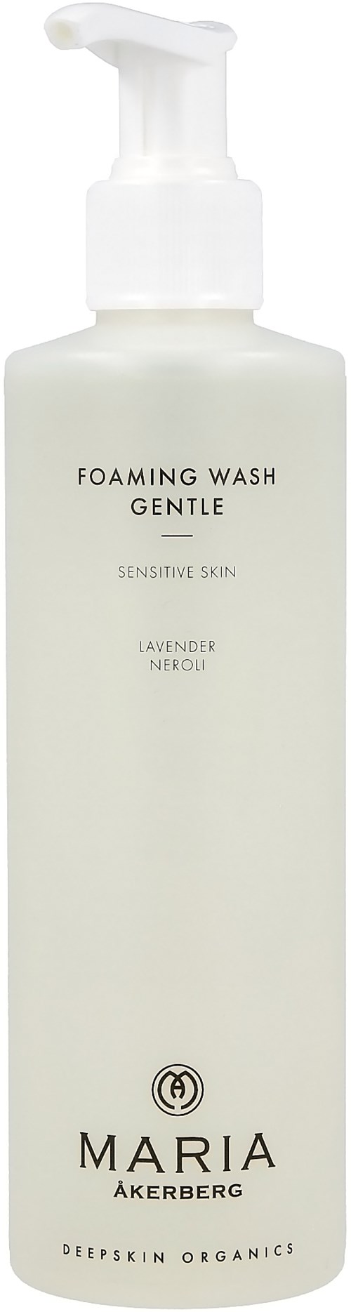 En vit flaska med pump märkt 'Foaming Wash Gentle' för känslig hud, med lavendel och neroli doft. Märke Maria Åkerberg.
