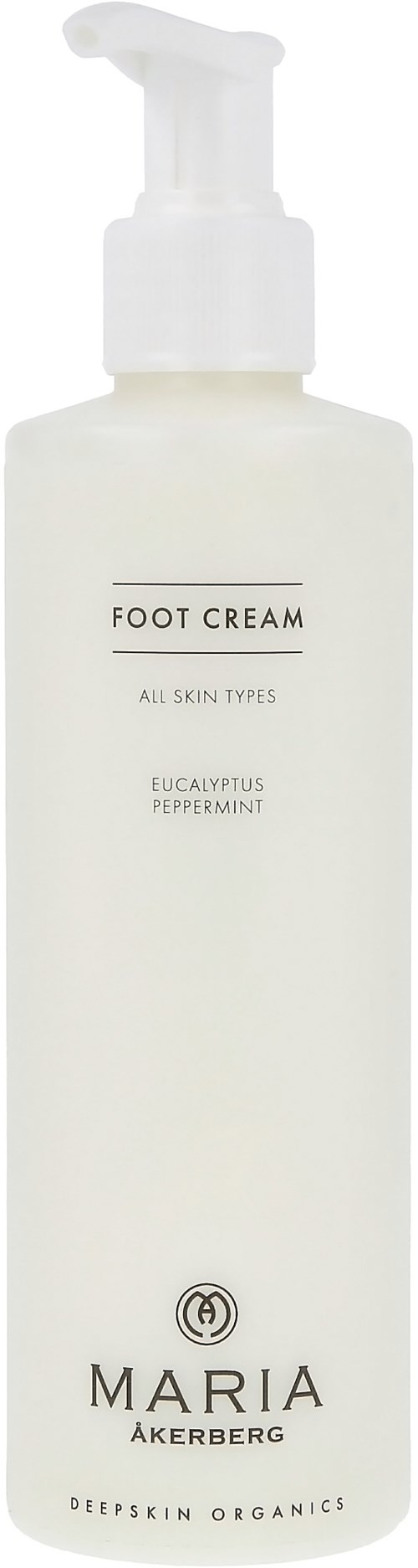 Eine weiße Flasche mit Pumpe, als Fußcreme für alle Hauttypen bezeichnet, mit Eukalyptus- und Pfefferminzduft.