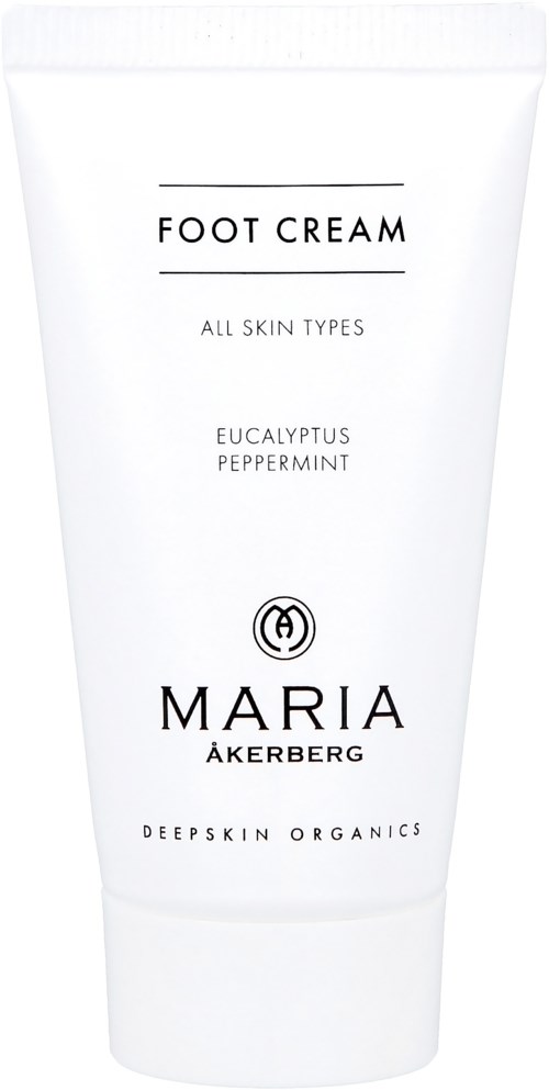 Weiße Tube mit Aufschrift 'Foot Cream' und Duftoptionen Eukalyptus und Pfefferminze. Marke 'Maria Åkerberg'.