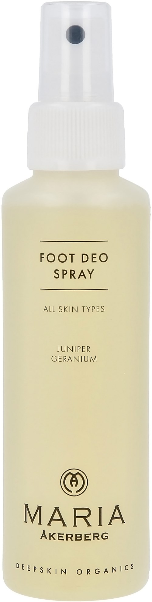 Fotspray i vit flaska, märkt för alla hudtyper, med doft av enbär och geranium.