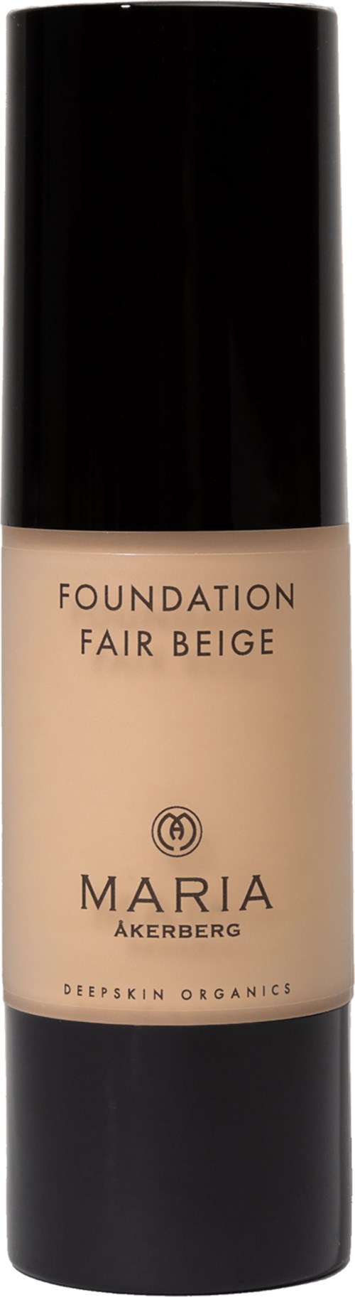Flesje van Maria Åkerberg foundation, licht beige kleur, zwarte dop, merknaam en productinformatie op het etiket.