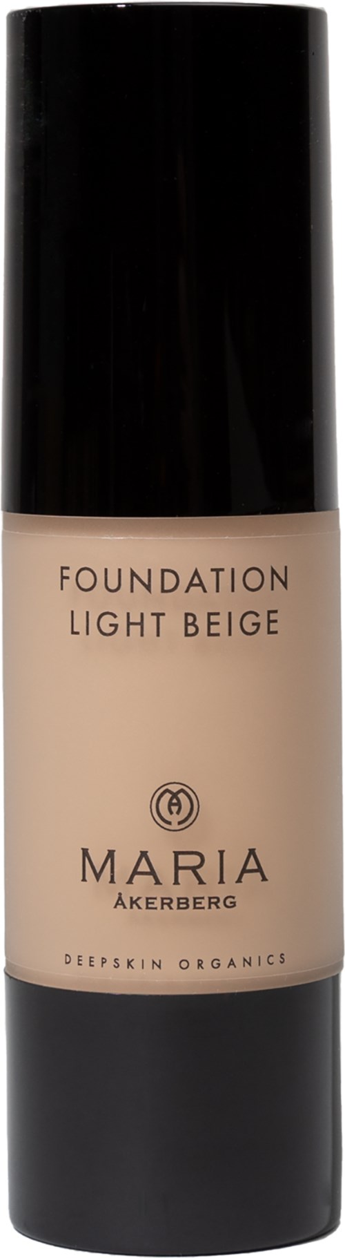 Eine Flasche von Maria Akerberg Foundation in Hellbeige mit schwarzem Deckel, beschriftet als 'Light Beige' von Maria Akerberg.