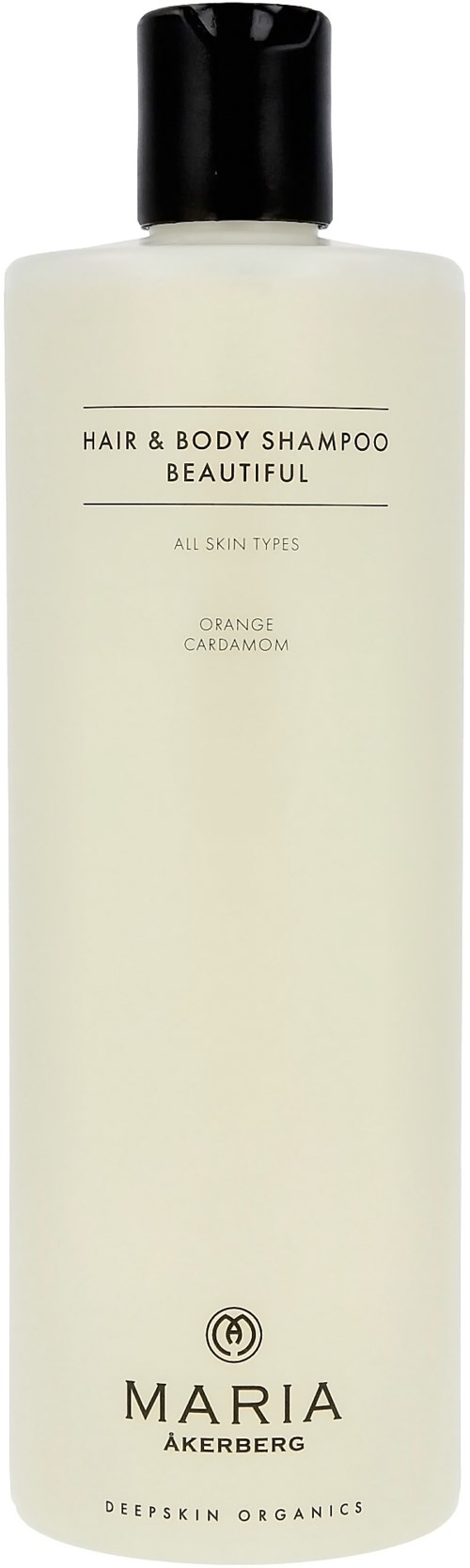 Eine weiße Flasche mit schwarzem Deckel, als Haar- und Körpershampoo mit Orangen- und Kardamonduft.