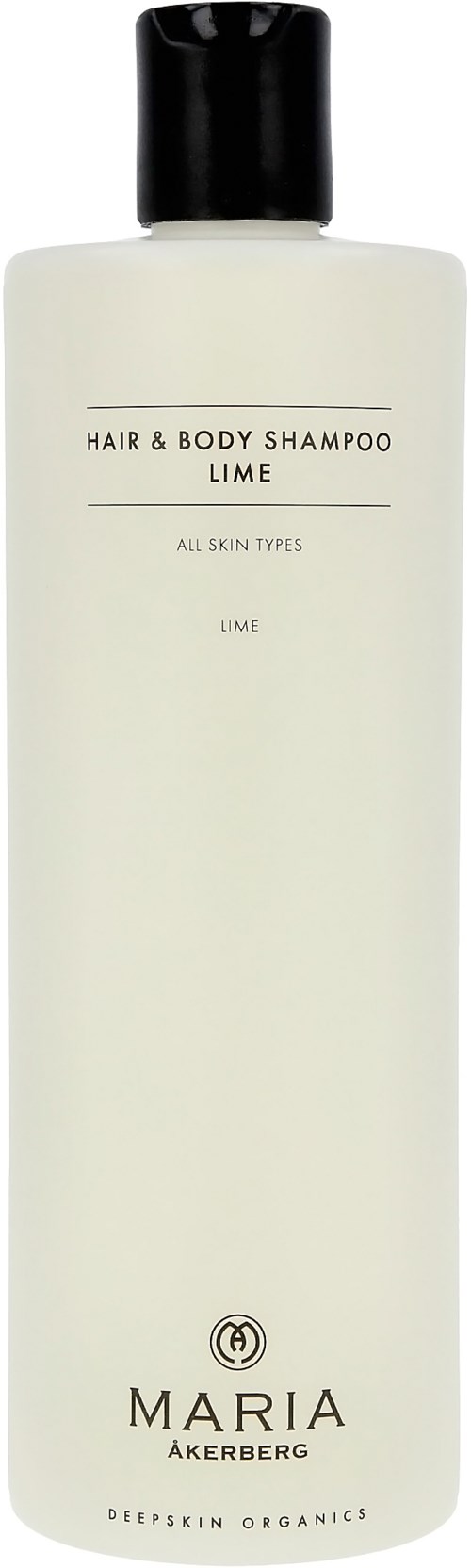 Een witte fles haar- en bodyshampoo met zwarte dop, gemarkeerd 'Lime' voor alle huidtypes.