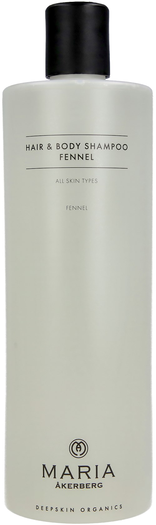 Eine lange, weiße Flasche mit schwarzem Deckel für Haar- und Körpershampoo mit Fenchelduft. Einfaches Design, alle Hauttypen.