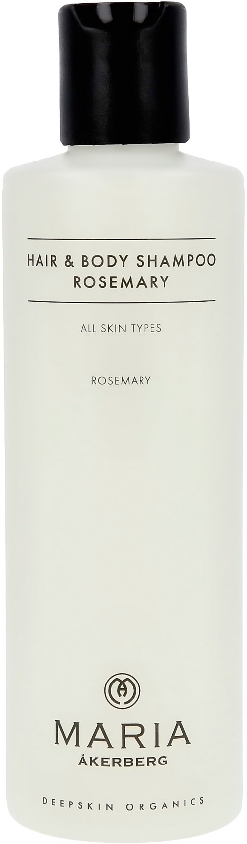 Witte fles met zwarte dop, gemarkeerd als rozemarijn shampoo voor alle huidtypes door Maria Åkerberg.