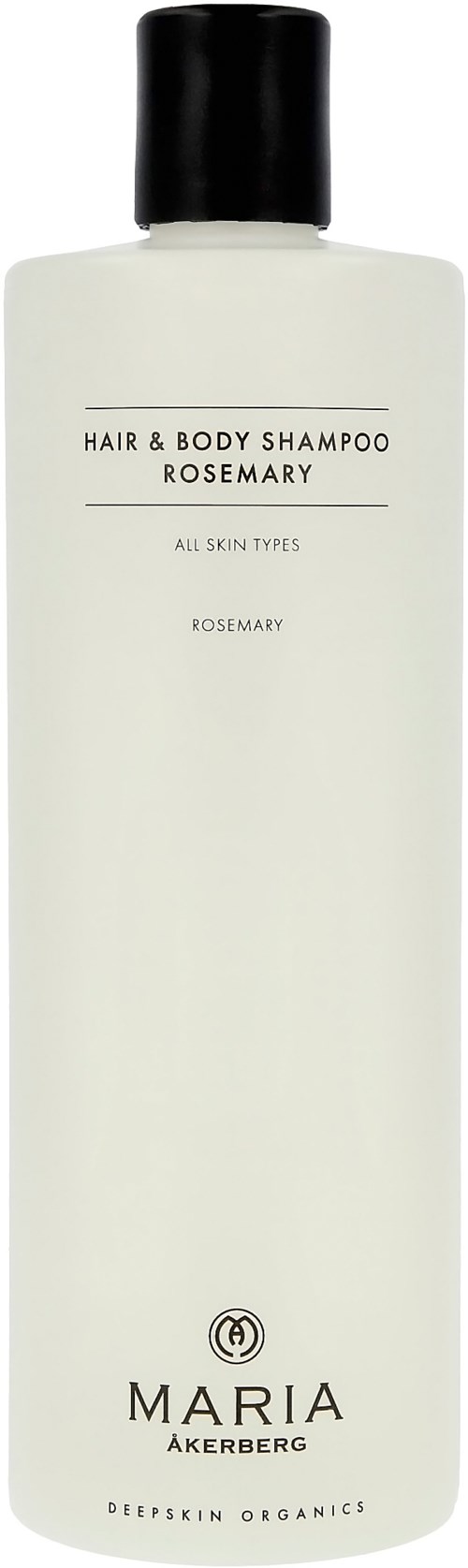 A white bottle of hair and body shampoo with a black cap, labeled with rosemary scent, suitable for all skin types.