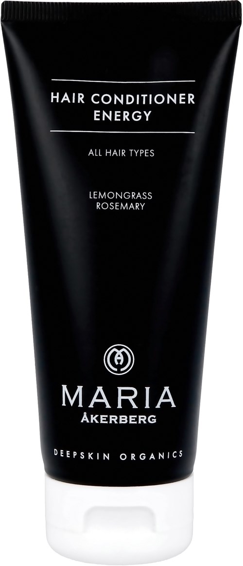 Een zwarte tube voor alle haartypes met citroengras en rozemarijn, door Maria Akerberg voor haarconditioner.