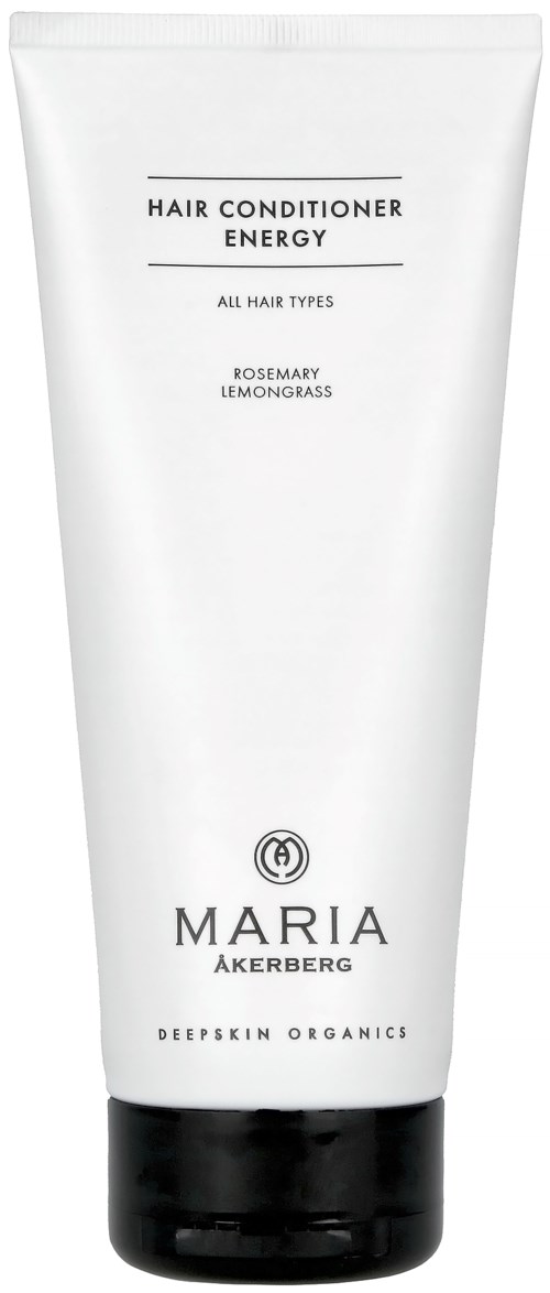 A white tube of hair conditioner with black cap, labeled with brand Maria Åkerberg, scent of rosemary and lemongrass.