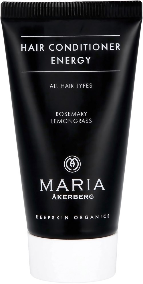 Een zwart-witte tube met het label Maria Akerberg Hair Conditioner Energy met rozemarijn en citroengras voor alle haartypes.